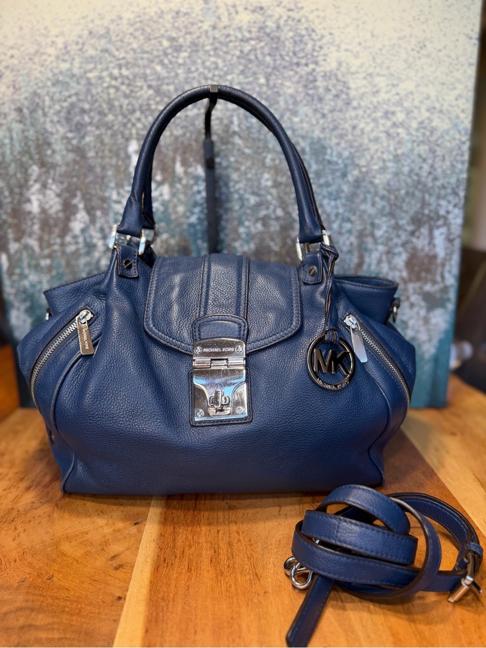 Michael Michael Kors Classic Vintage Navy Leather Satchel Crossbody Bag - Picture 4 of 17